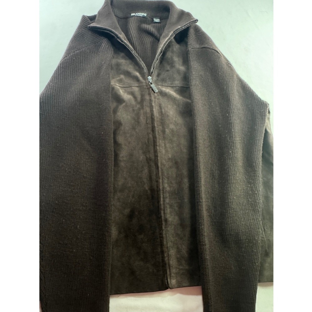 Brandini‎ Men Brown Merino Wool Suede Leather Front Full Zip Cardigan Sweater XL
